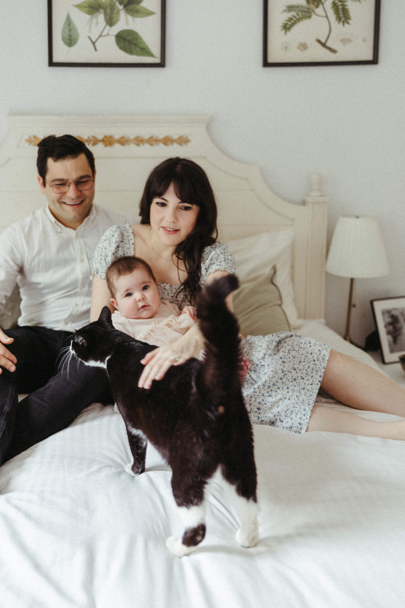 A family share a moment together with their infant and black and white cat during a candid in home family photo shoot