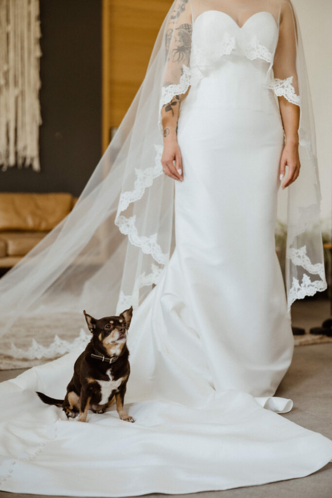 Bride poses with her dog as she finishes her wedding day prep