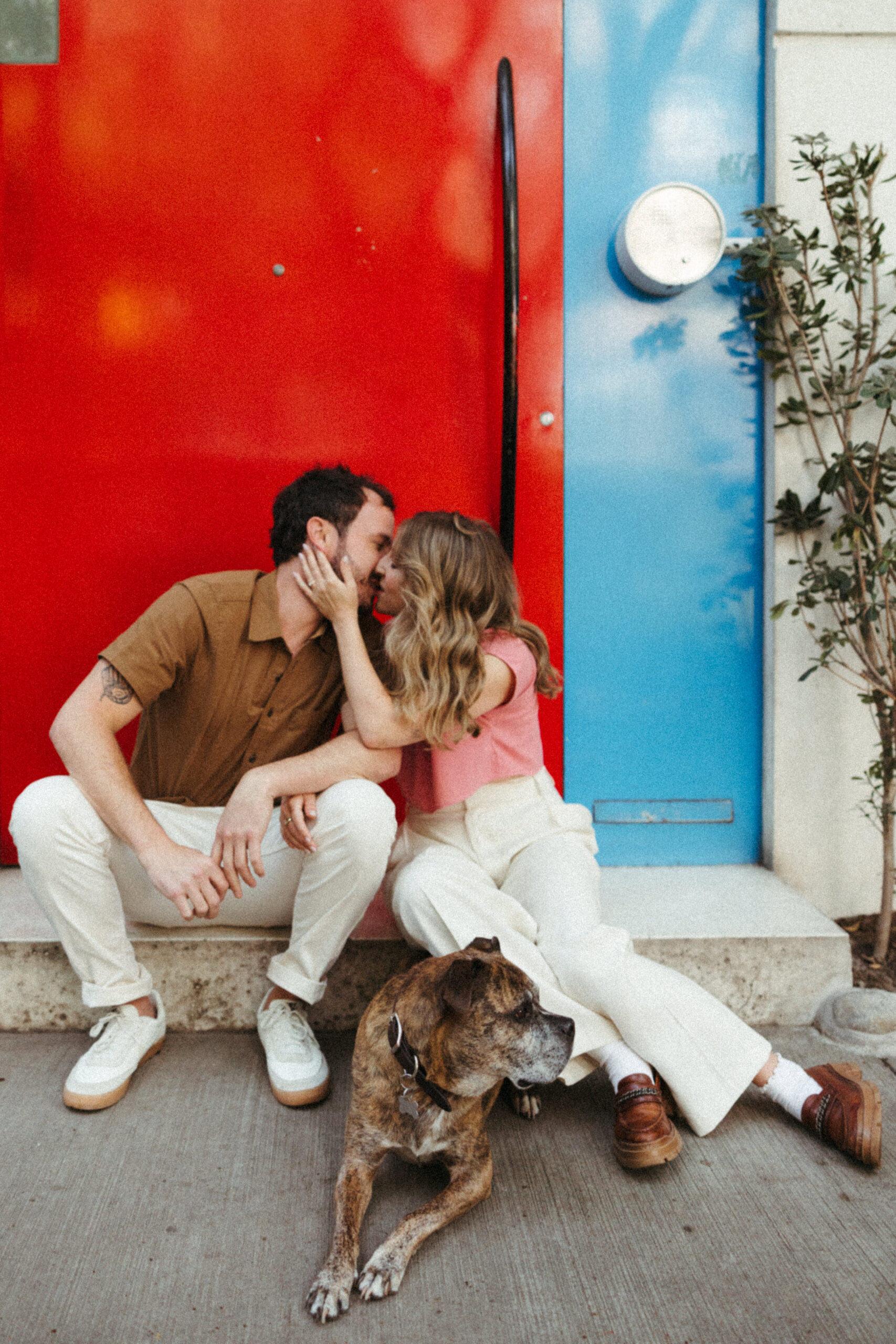 man and woman kissing in front of red and blue wall in mexico city with their dog. 