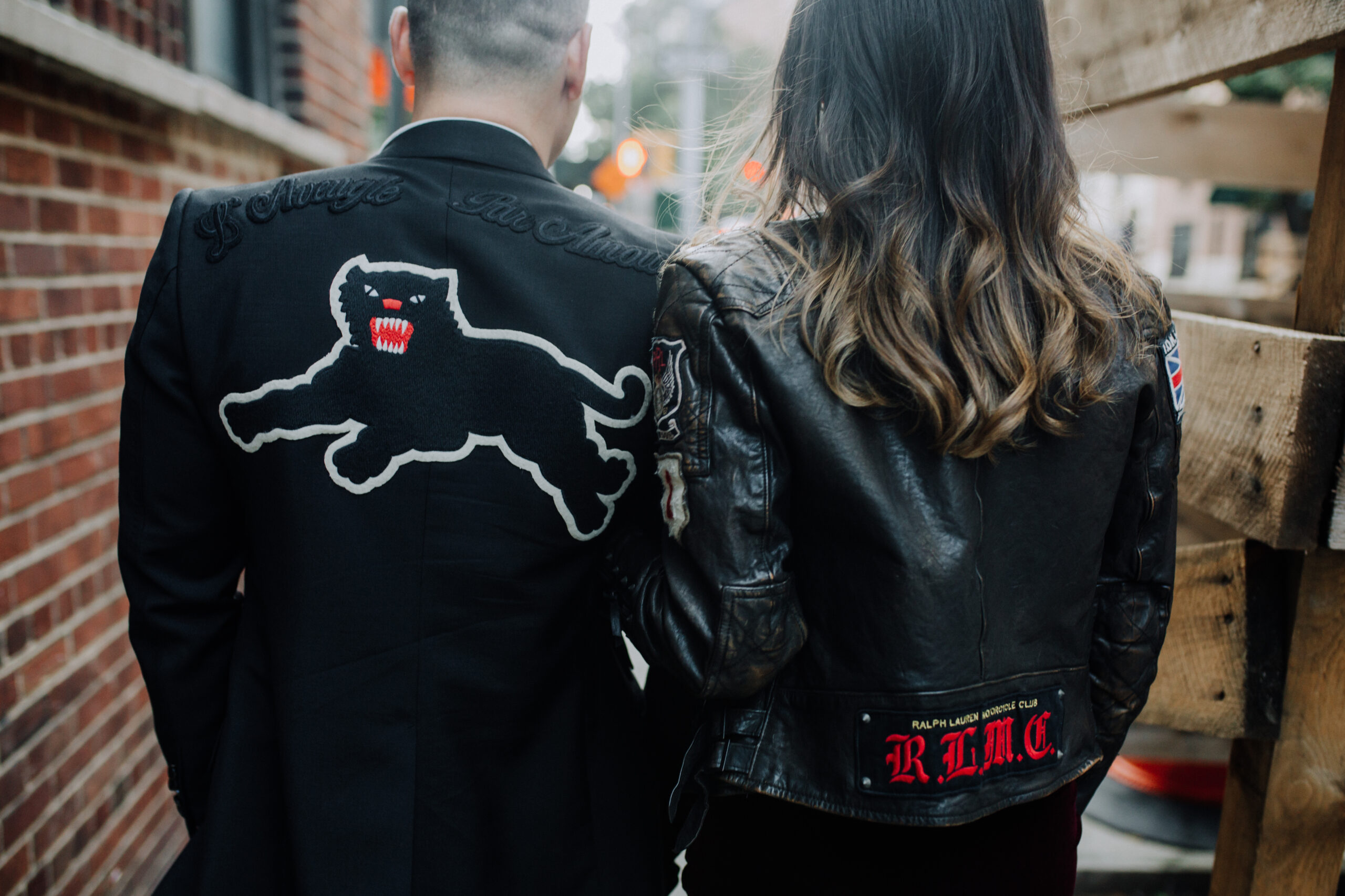 creative black jackets in new york engagement. 