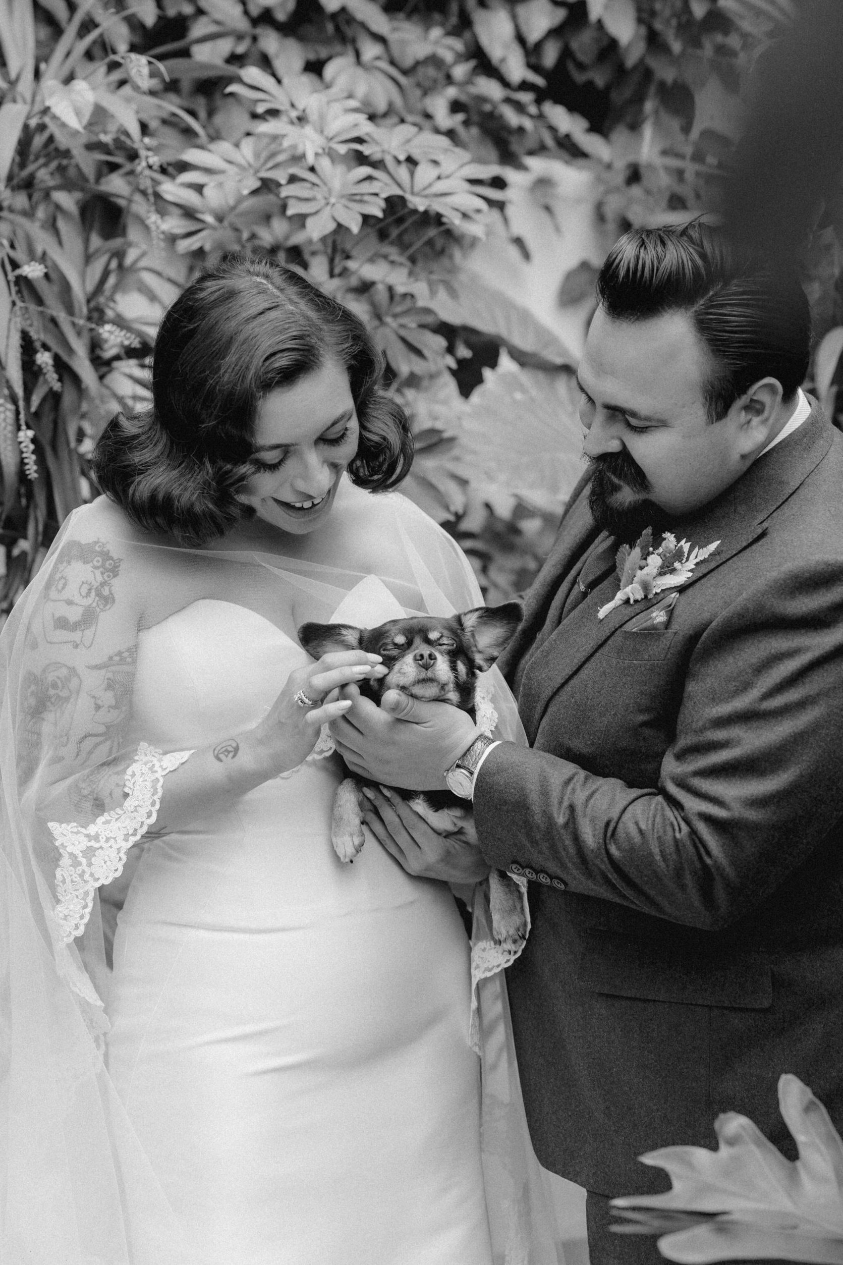 Beautiful bride and groom pose with their dog before their Sobremesa wedding