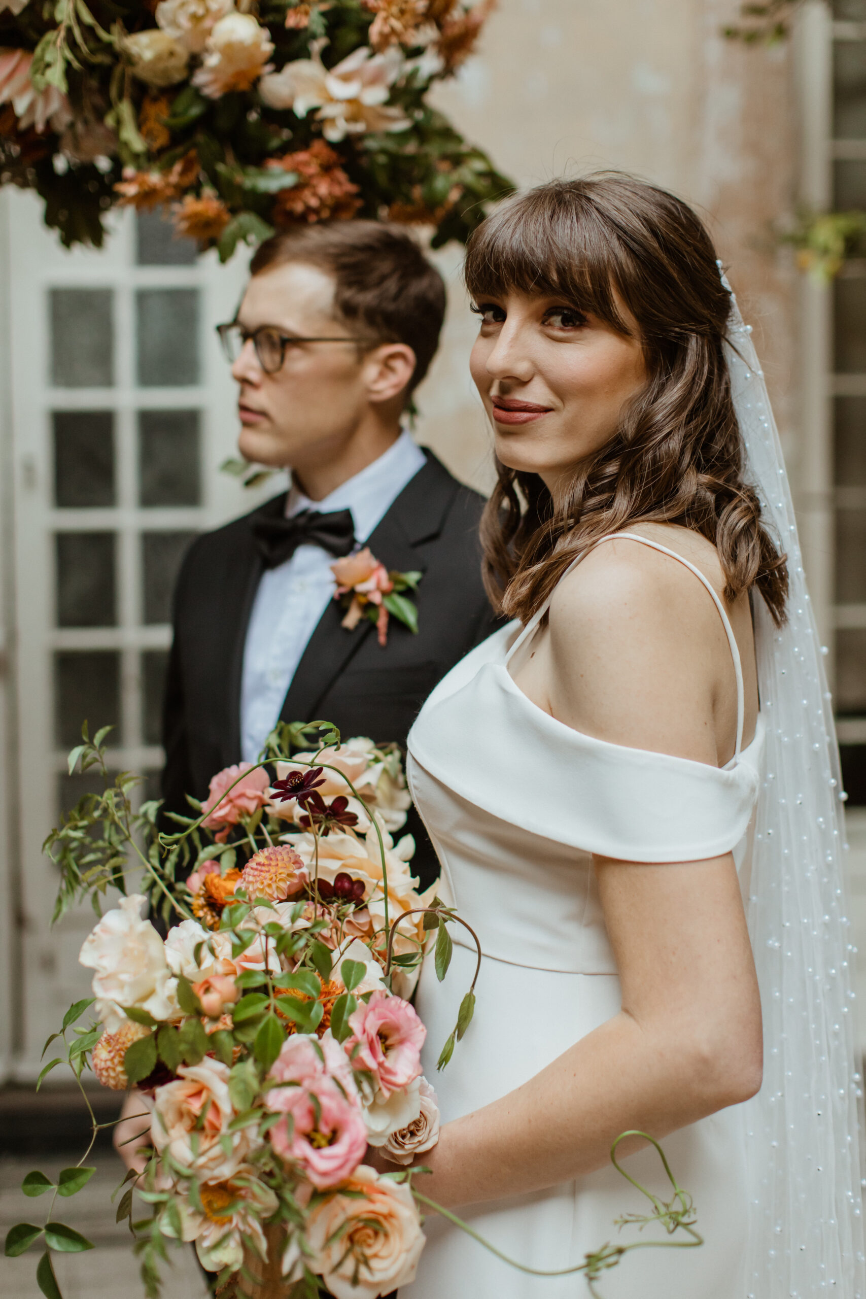 Beautiful bride and groom pose together during their stunning Autumn elopement in Mexico City