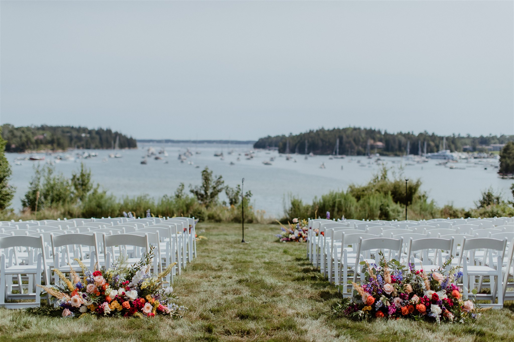 summer maine wedding ceremony site set up and ready for the big day