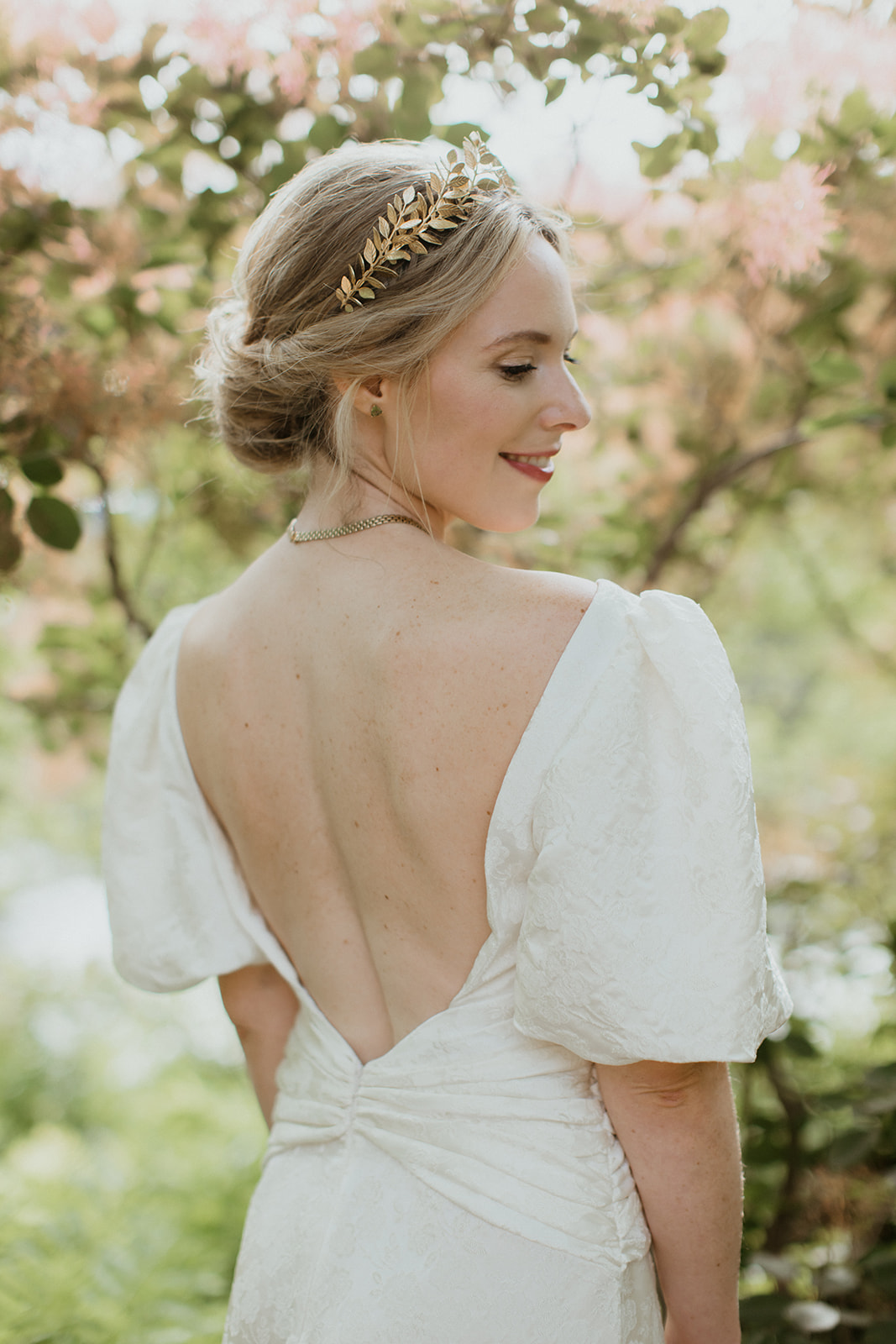 bride with golden crown in Maine
