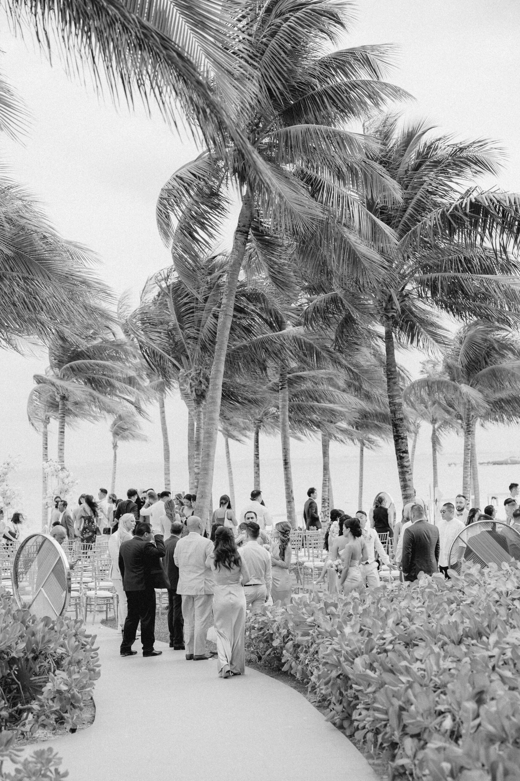 guests mingle during cocktail hour at a tropical Cancun wedding