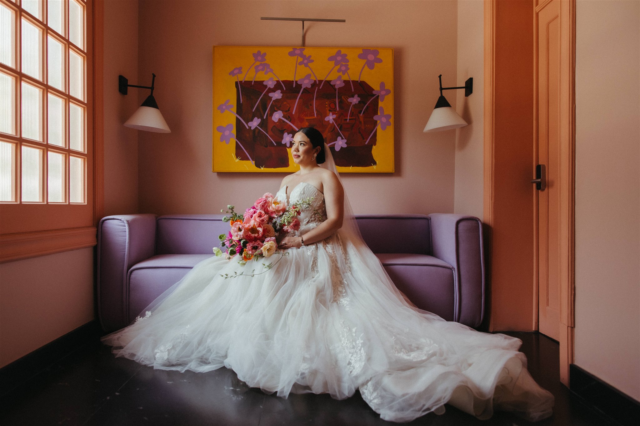 Bridal portrait in color-drenched room at Ignacia Guest House Roma Norte