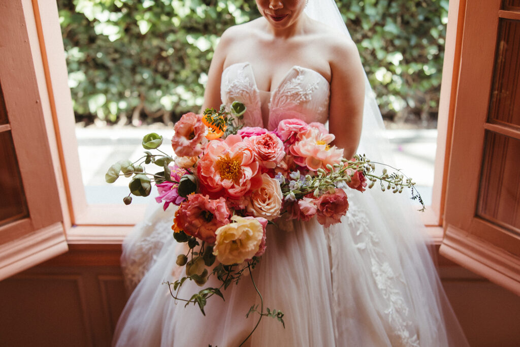 Dramatic bouquet with lush florals created for Sobremesa wedding